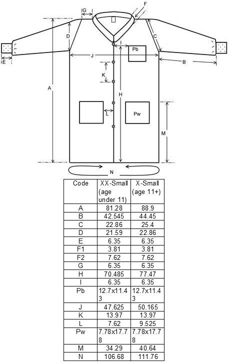 Polypropylene children's lab coats - size information (all dimensions in cm)